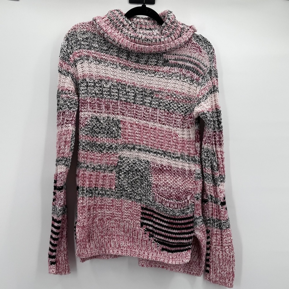 Sparrow Sweater Womens Small Pink‎ Striped Cowl Neck Pocket Knit Pullover Chunky